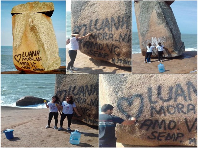Voluntários realizam limpeza de pichação na Pedra do Frade, em Laguna