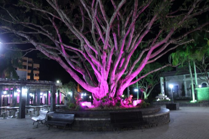 Prefeitura e praça de Nova Veneza são iluminadas em alusão ao Outubro Rosa