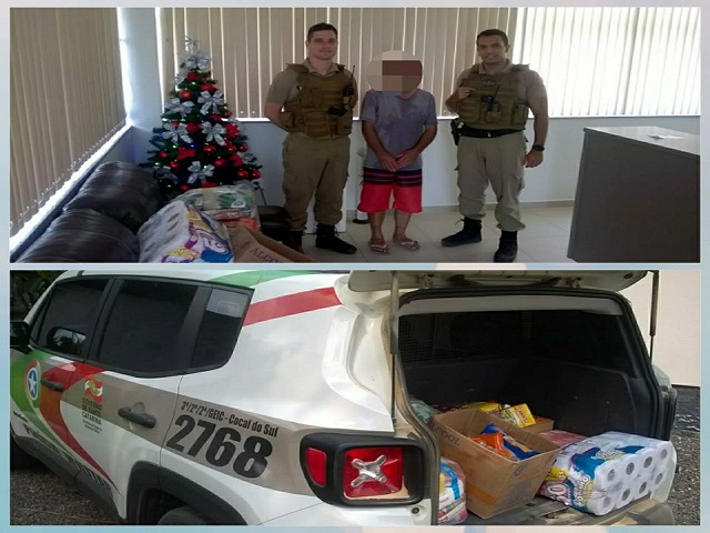 Homem detido por furto e ajudado pela PM de Cocal do Sul, recebe presente de Natal